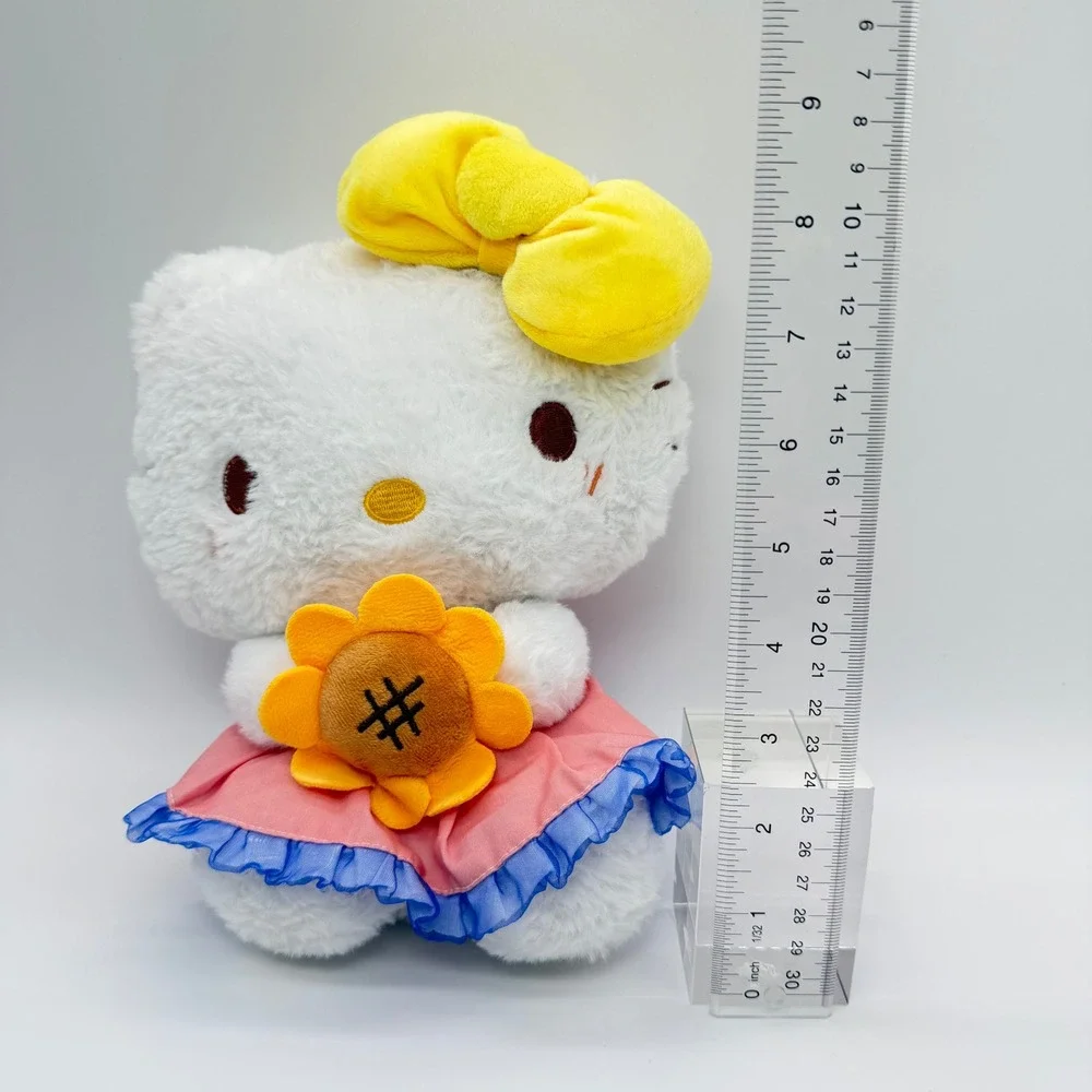 Sanrio Hello Kitty Plush Sunflower Pink Dress Yellow Bow 9 Inch Stuffed Animal